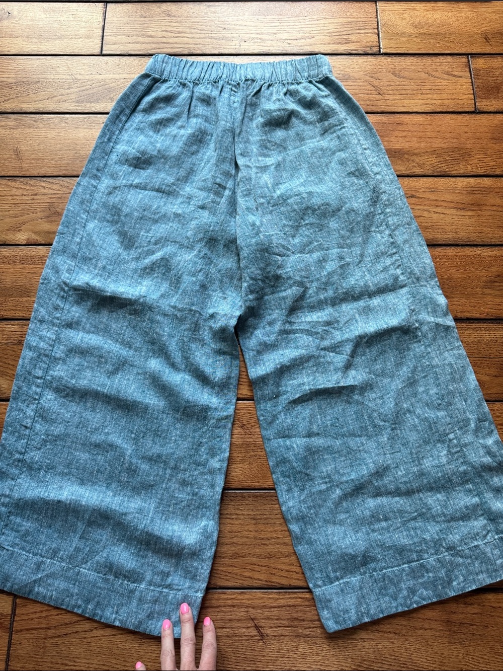 FLAX Pants Womens Sz P Teal Blue Linen Wide Leg Elastic Waist Boho Beach Pockets - Picture 4 of 11